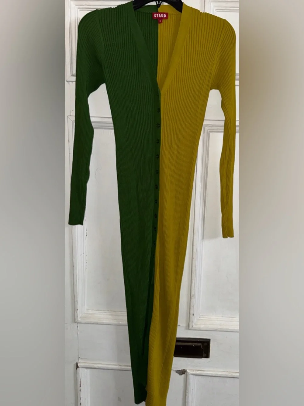 STAUD Two-Tone Ribbed Button-Front Midi Dress in Green and Mustard - Picture 2 of 5